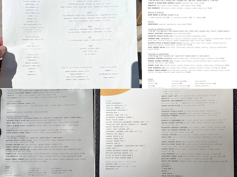 Tartine Menu
