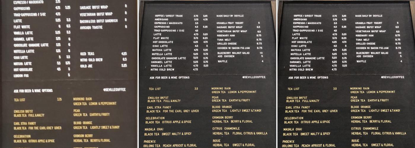 Deville Coffee Menu