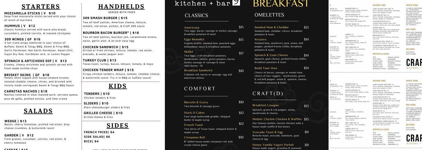 Craft309 Kitchen + Bar Menu