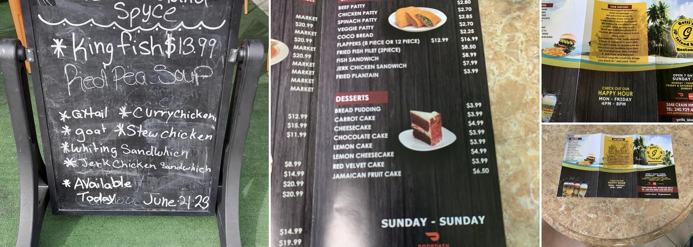 Getti's Island Spyce Restaurant & Lounge Menu