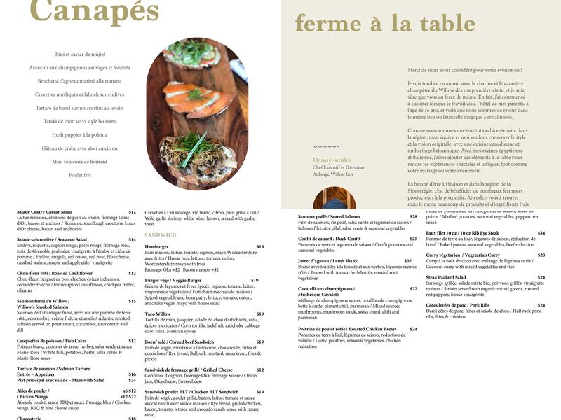 Auberge Willow Inn Menu