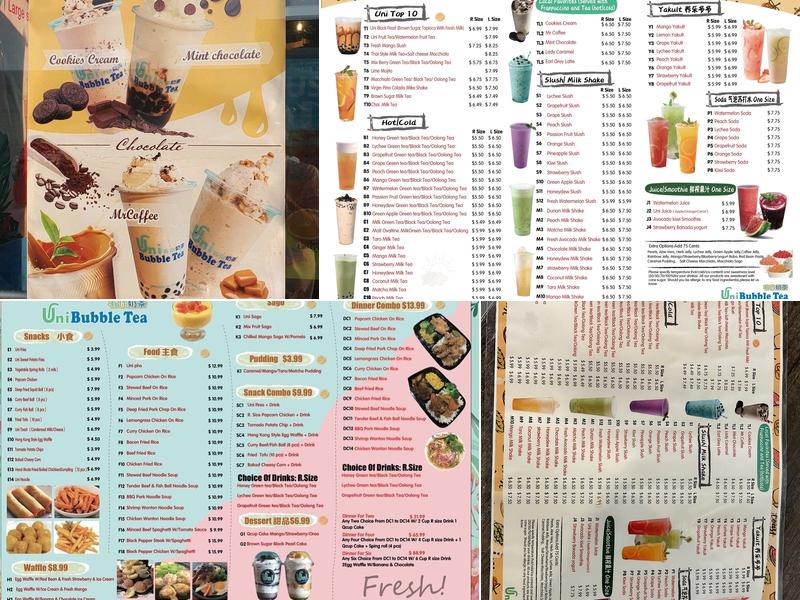 Uni Bubble Tea Menu