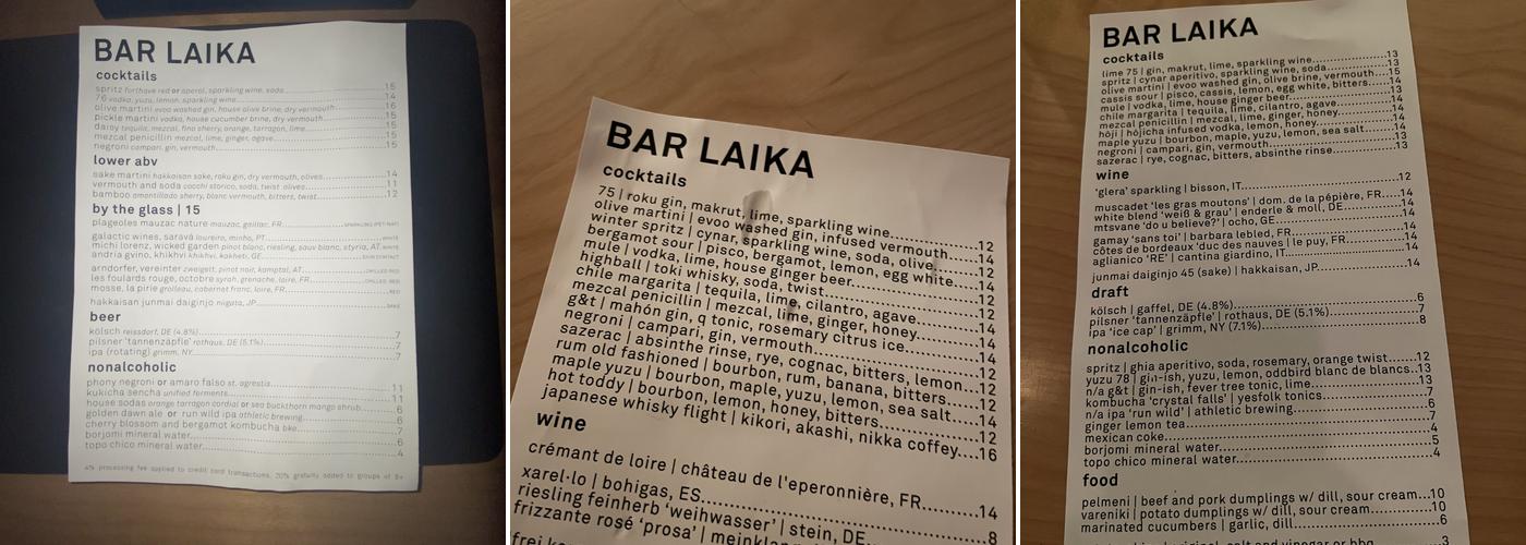 Bar Laika by e-flux Menu