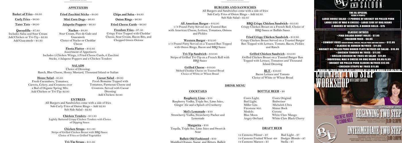 BL Dancehall and Saloon Menu