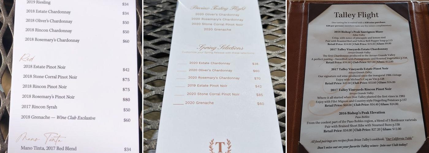 Talley Vineyards Menu