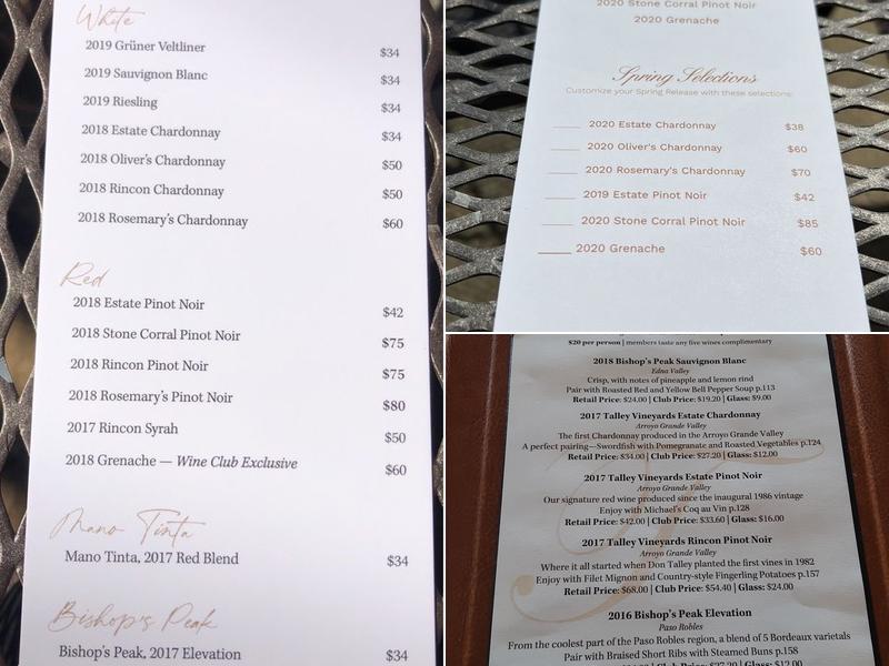 Talley Vineyards Menu