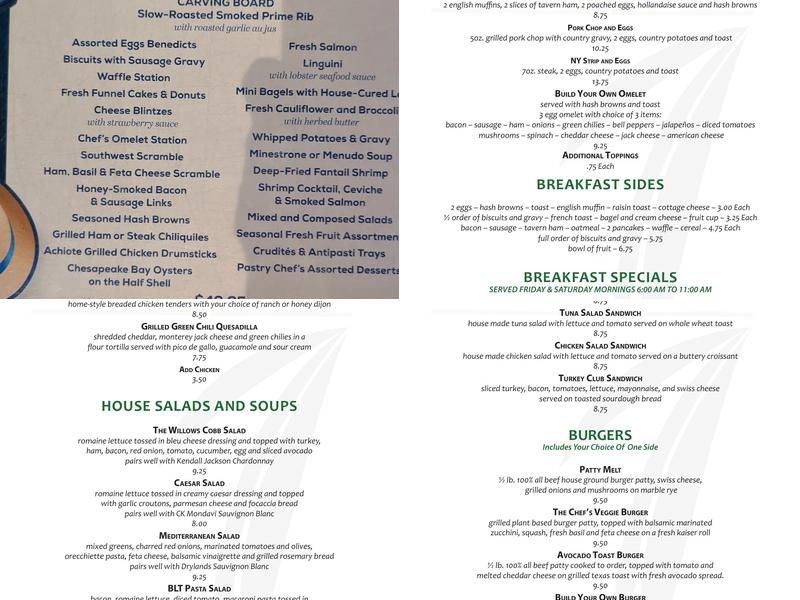 The Willows Restaurant Menu