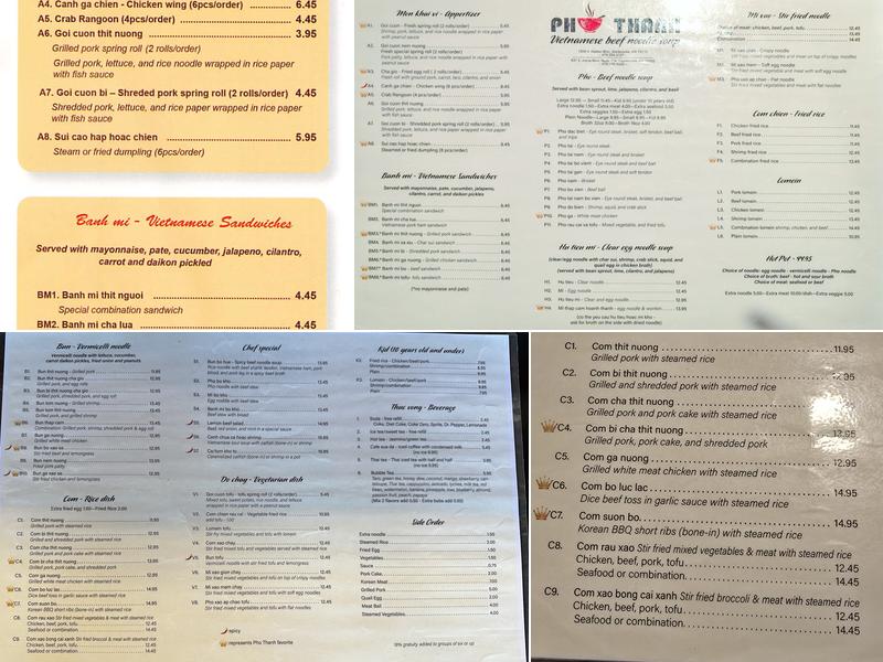 Pho Thanh Menu