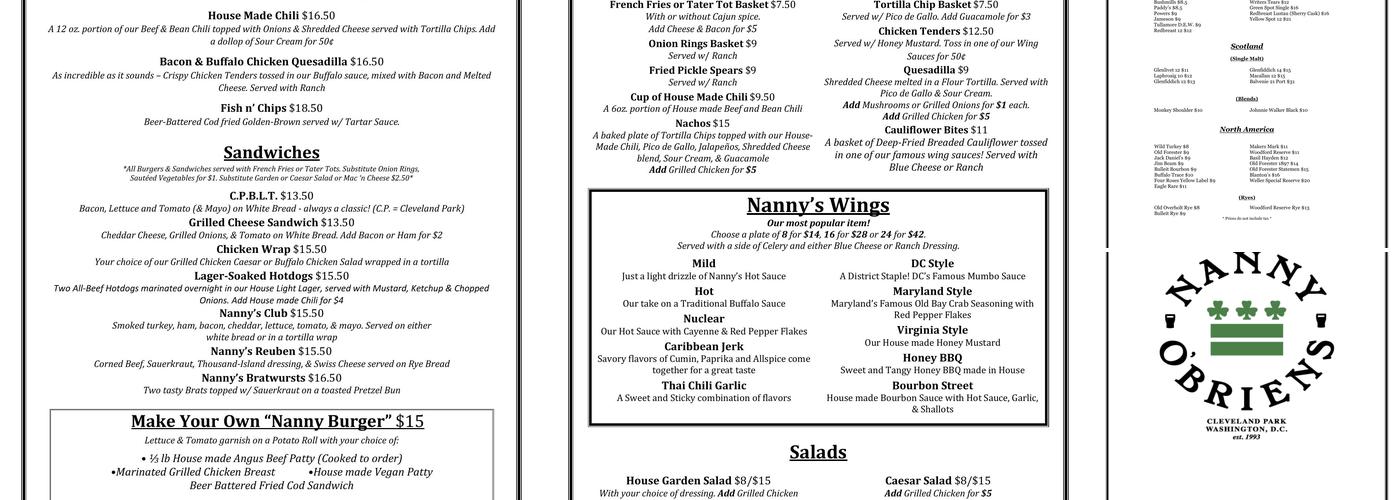 Nanny O'Brien's Menu