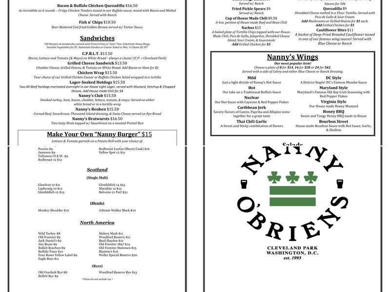 Nanny O'Brien's Menu