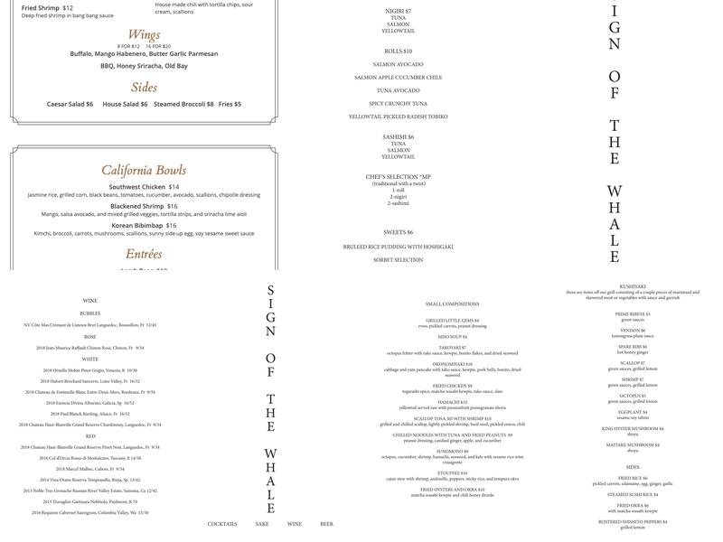 Sign of the Whale Menu