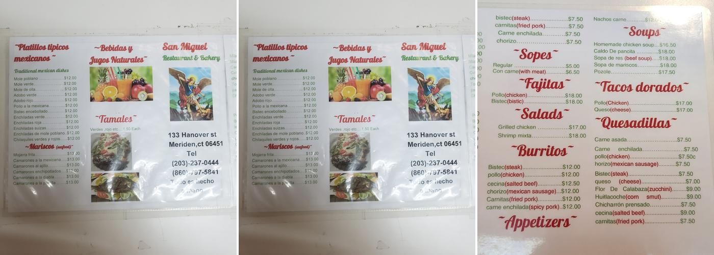 San Miguel Restaurant & Bakery Menu