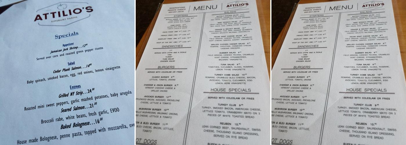 Attilio's At Simsbury Farms Menu