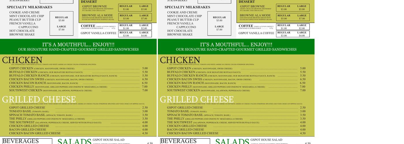GSPOT SHAKES Menu
