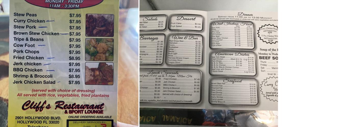 Cliff's Restaurant Menu
