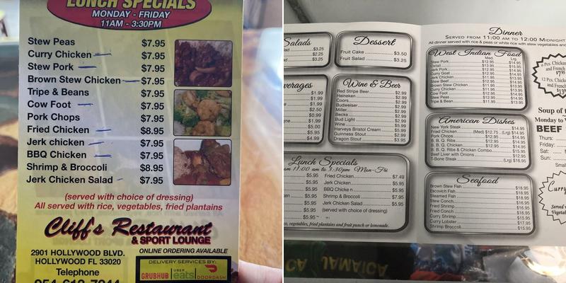 Cliff's Restaurant Menu