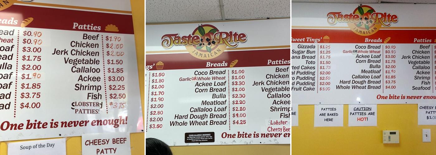Taste Rite Jamaican Bakery Menu