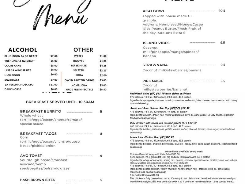 Redefined Food Co Menu