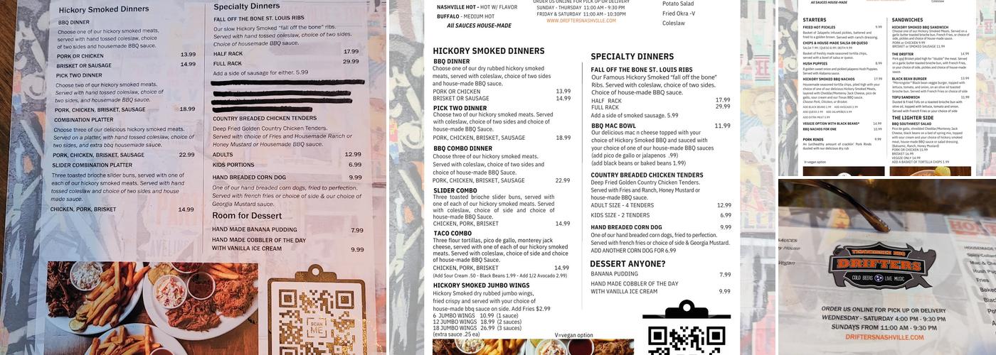 Drifters Tennessee Barbeque (BBQ) Joint Menu
