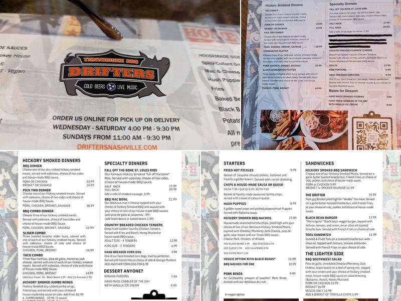 Drifters Tennessee Barbeque (BBQ) Joint Menu