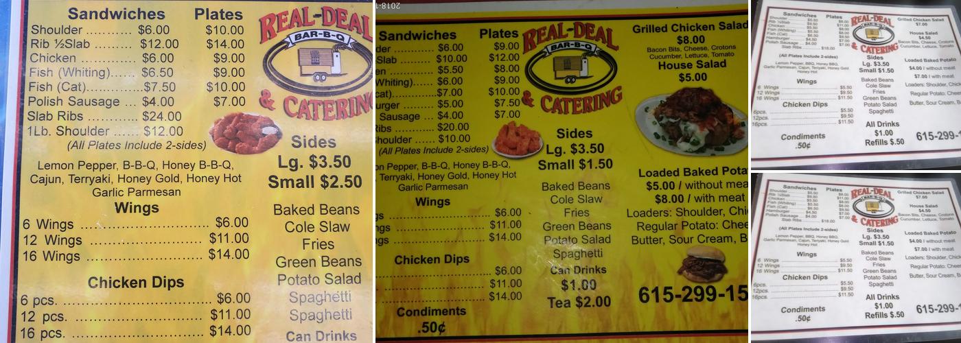Real Deal Bar BQ Grill Menu