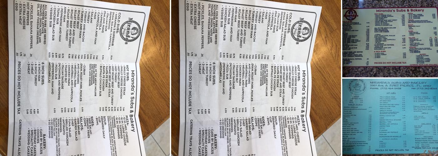 Miranda's Subs & Bakery Menu