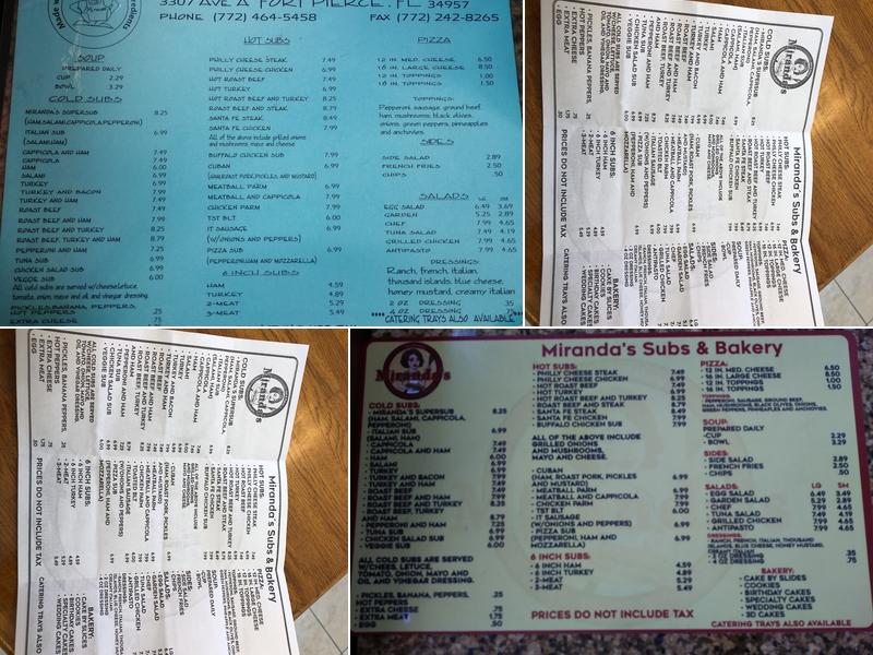 Miranda's Subs & Bakery Menu