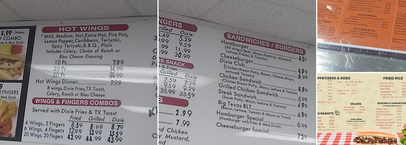 Dixie Wings Menu