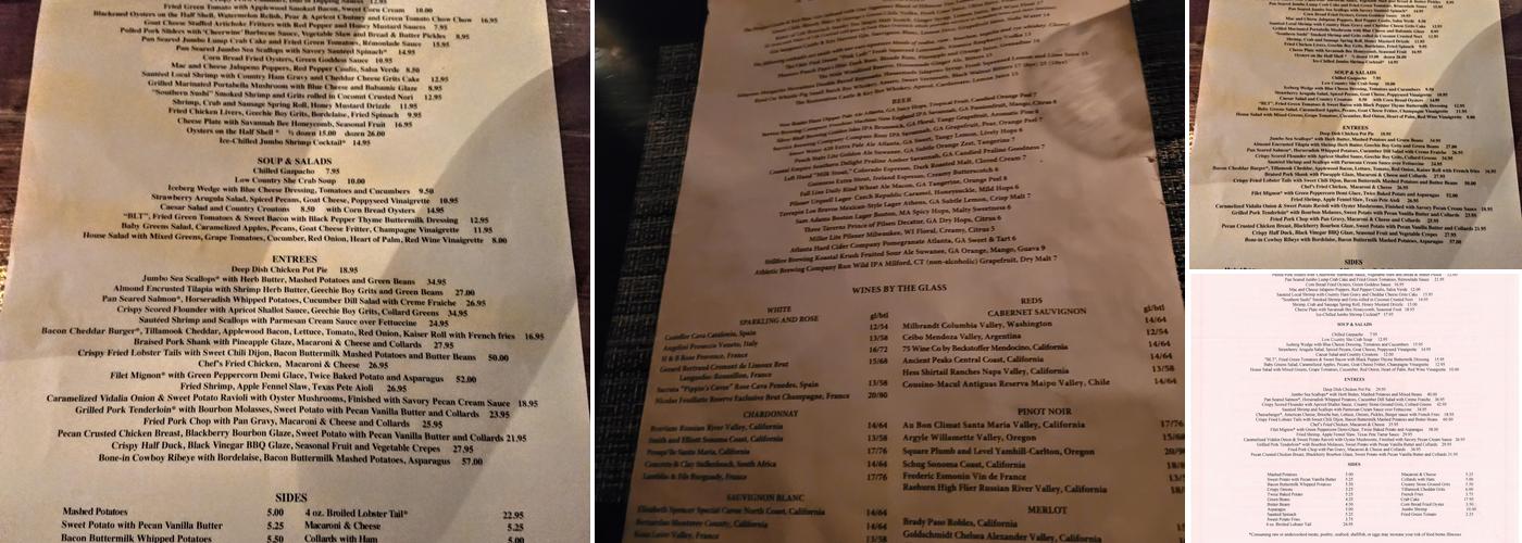 Planters Tavern Menu