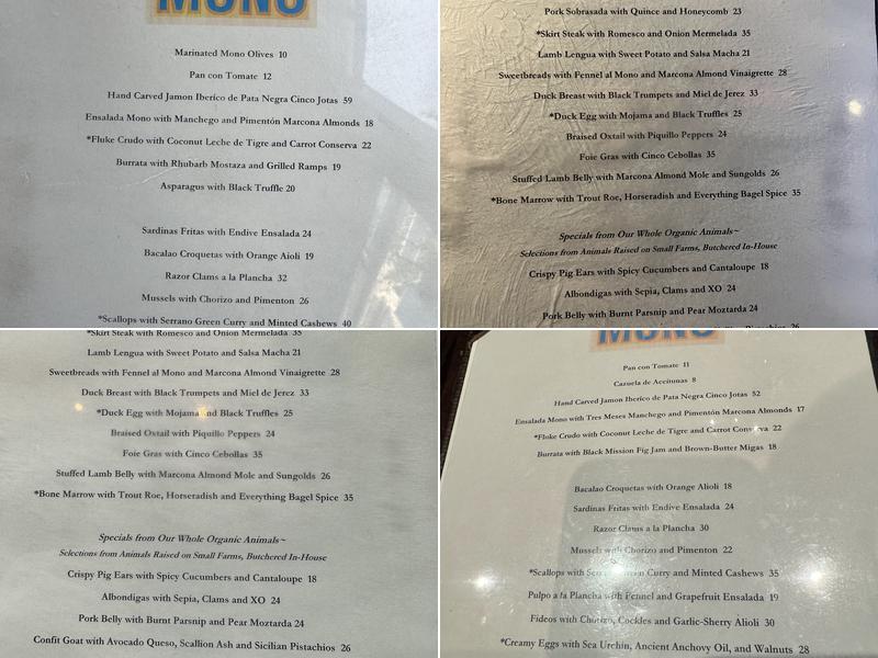 Casa Mono Menu