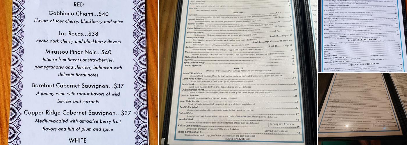 Ariana Afghan Kebab Menu
