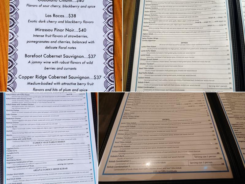 Ariana Afghan Kebab Menu