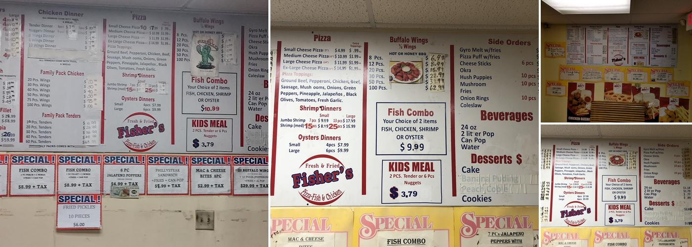 Fisher's Pizza Fish & Chicken Menu