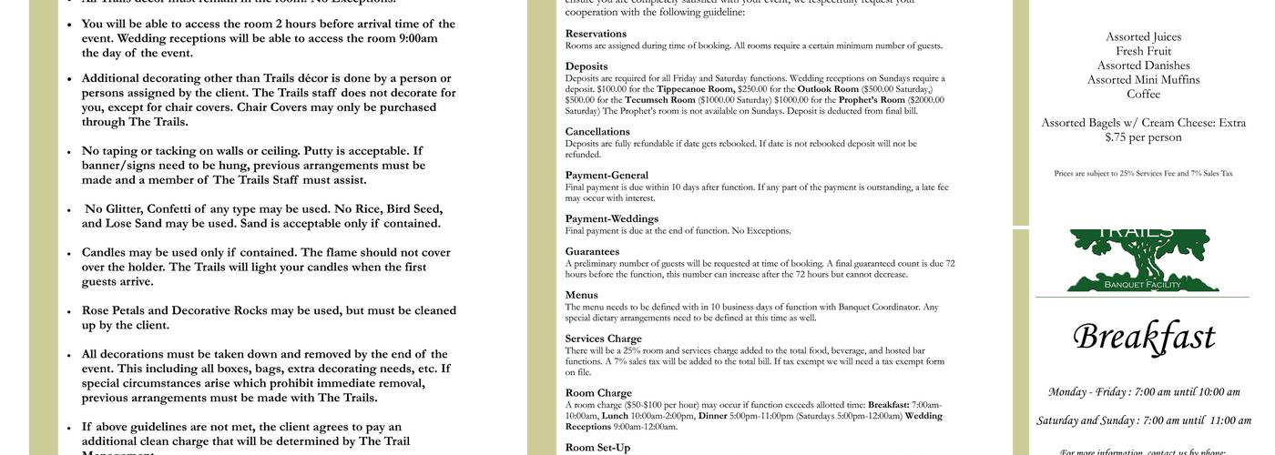 The Trails Banquet Facility Menu