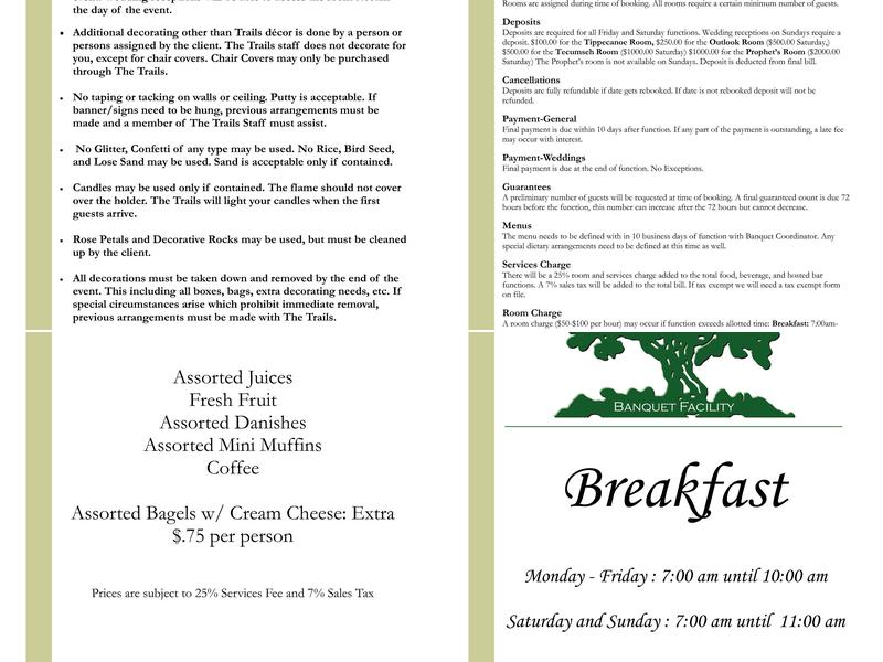 The Trails Banquet Facility Menu