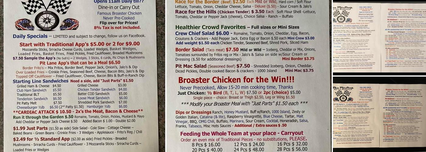 The Pit Stop Bar and Restaurant Menu