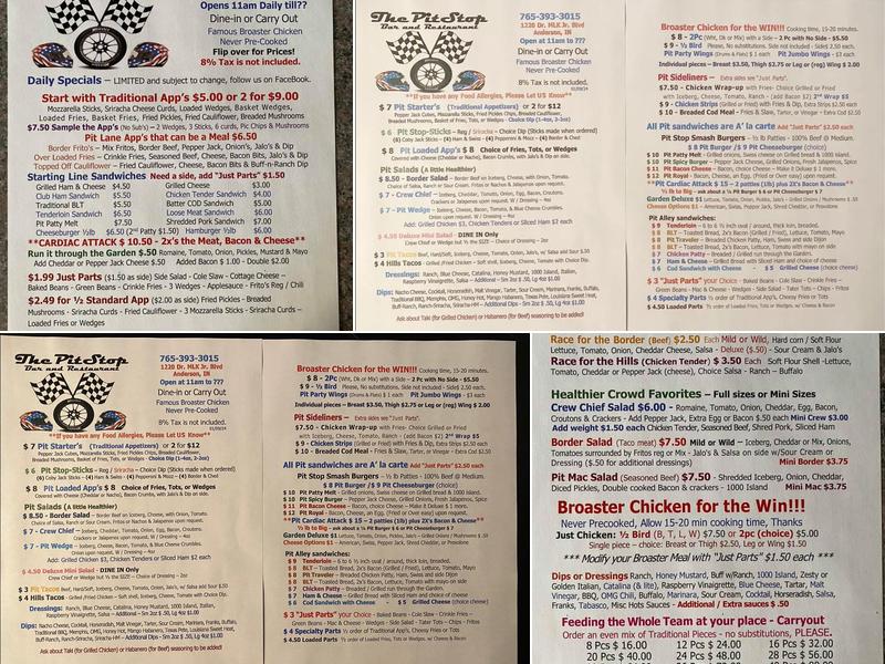 The Pit Stop Bar and Restaurant Menu
