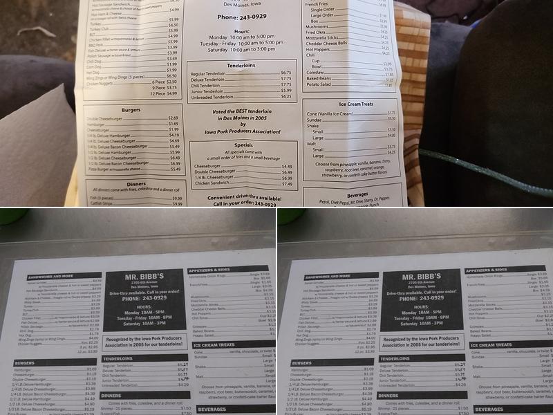 Mr. Bibbs Restaurant - Home of The Tenderloin Sandwich Menu