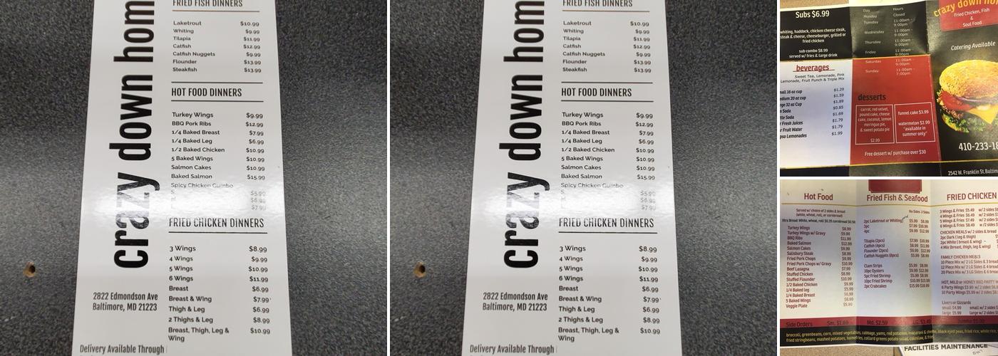 Crazy Down Home Chicken and Seafood Menu