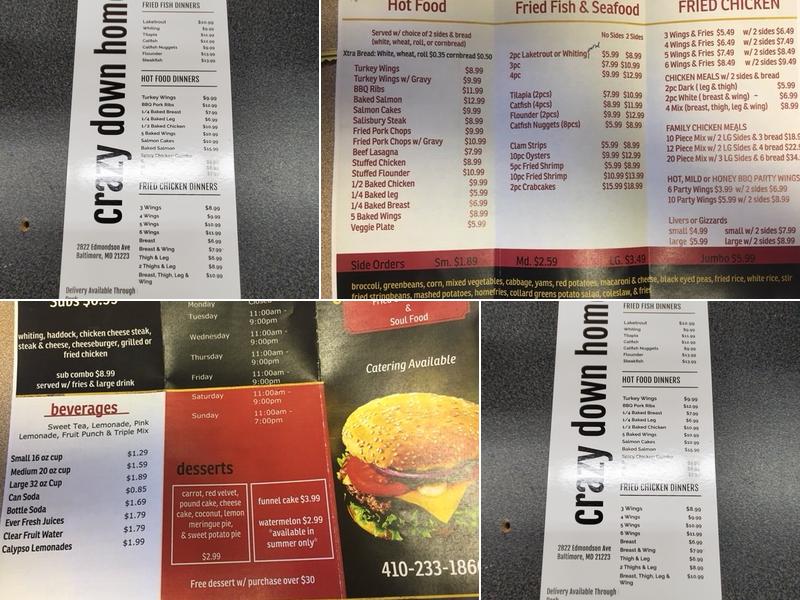 Crazy Down Home Chicken and Seafood Menu