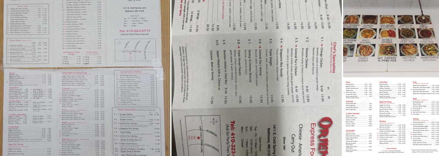 Orient Express Food Menu