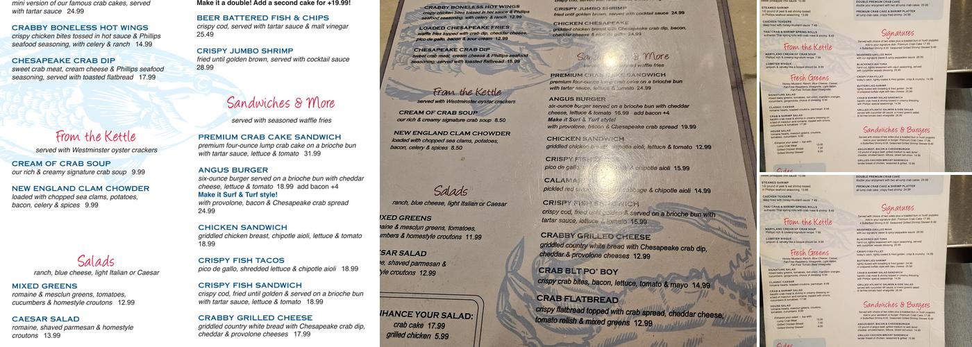 Phillips Seafood Menu