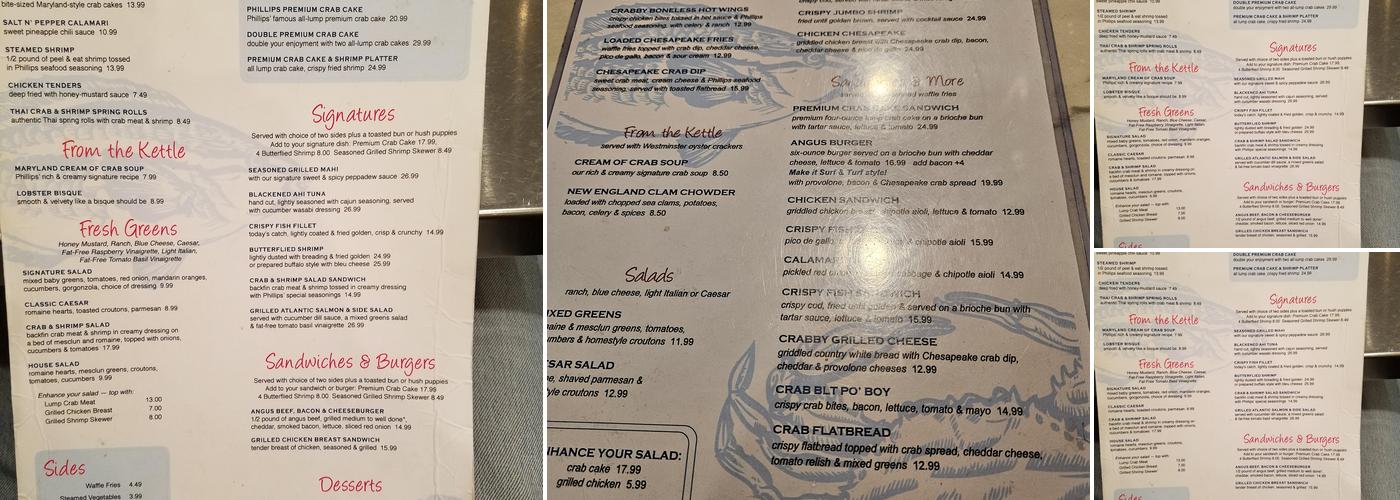 Phillips Seafood Menu