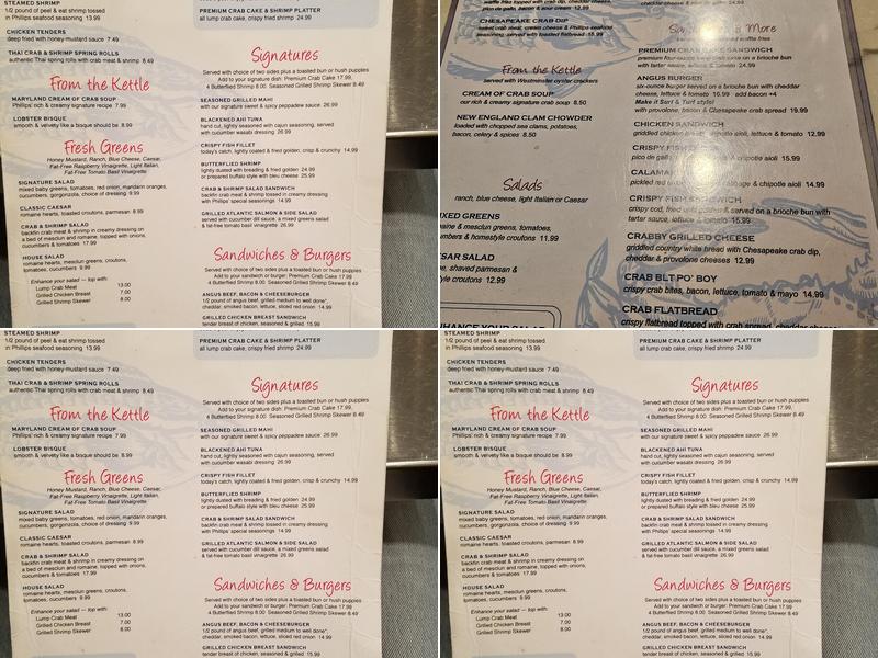 Phillips Seafood Menu