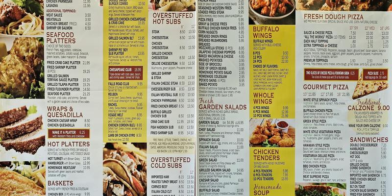 Falls Road Carryout Pizza Menu