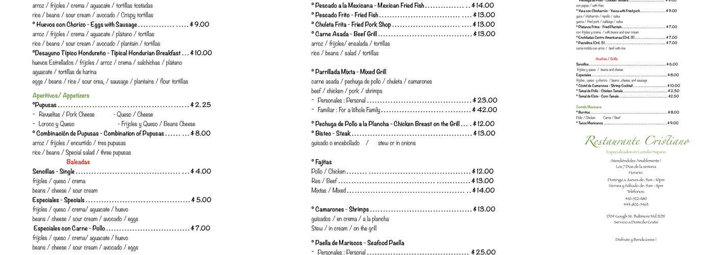 Restaurante Cristiano Jireh Menu