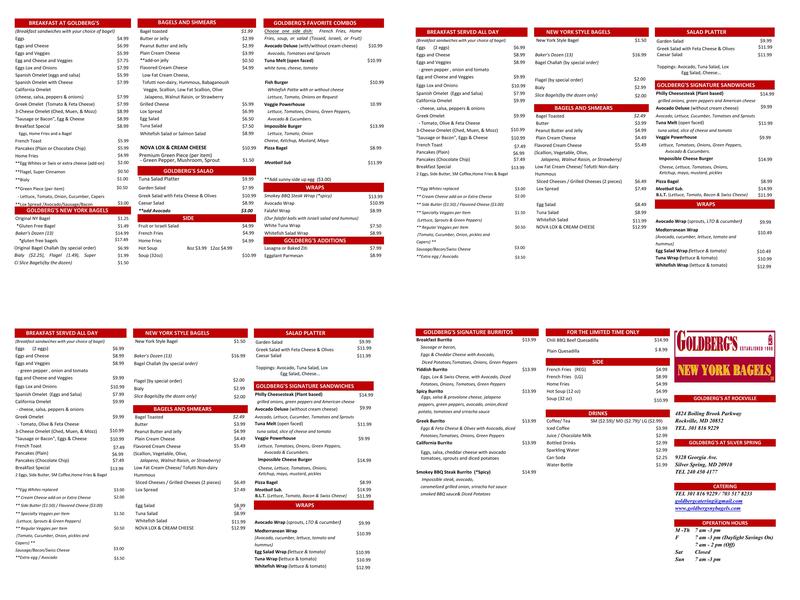 Goldberg's NY Bagels Menu