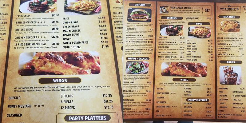 Anthony's Sports Bar & Grill Menu