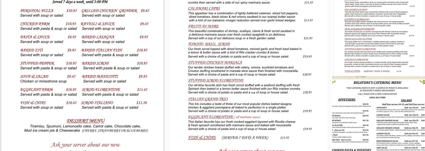 Rigatoni's Menu