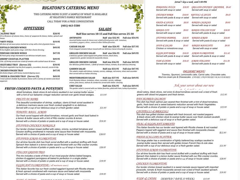 Rigatoni's Menu